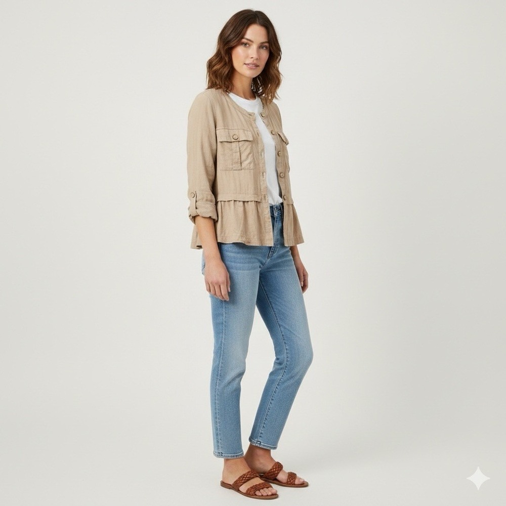 Ruby Rd. Linen Blend Utility‎ Jacket Womens M Tan Lagenlook Peplum Boho Shacket